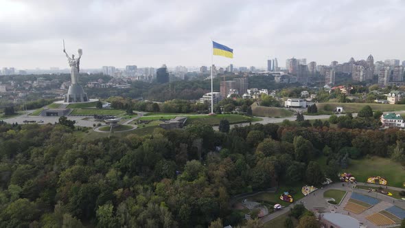 Aerial View of the Flag of Ukraine in Kyiv. Slow Motion. Kiev