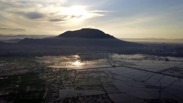 Aerial view of rice paddy field and Bukit Mertajam hill