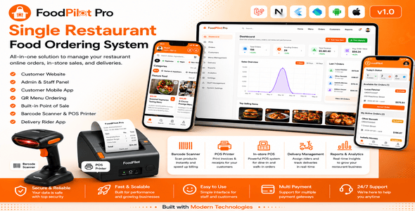 FoodPilot – Laravel Restaurant POS, QR Menu, KDS, Customer & Delivery Flutter Apps