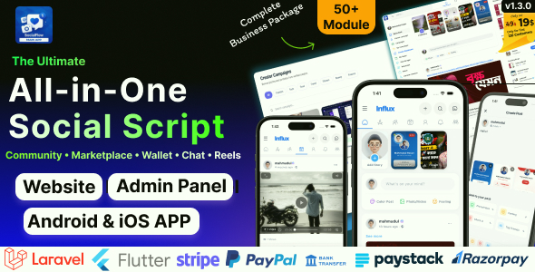 Influx | Ultimate Social Media Platform Script (Laravel Web + Flutter App)