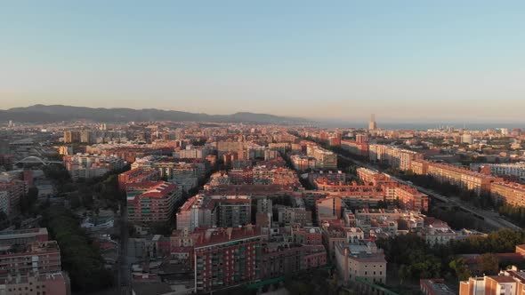 Aerial view of Barcelona at sunset