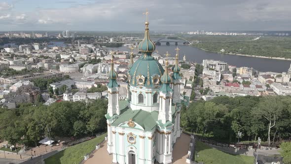 Kyiv. Ukraine. St. Andrew's Church. Aerial. Flat, Gray