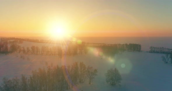 Aerial Drone View of Cold Winter Landscape with Arctic Field, Trees Covered with Frost Snow and