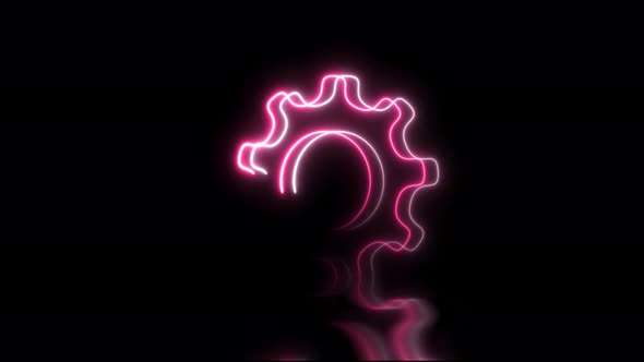 Neon spinning gear animation on black background. Spinning cogwheel video.