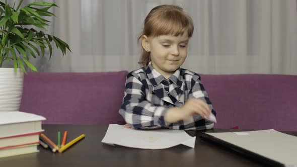 Children Making Video Call Doing Distance Education Lessons at Home. Webcam View