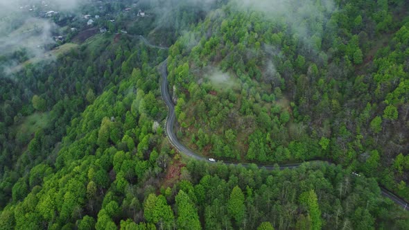 Aerial Shot Of The Winding Mountain Road Between The Trees