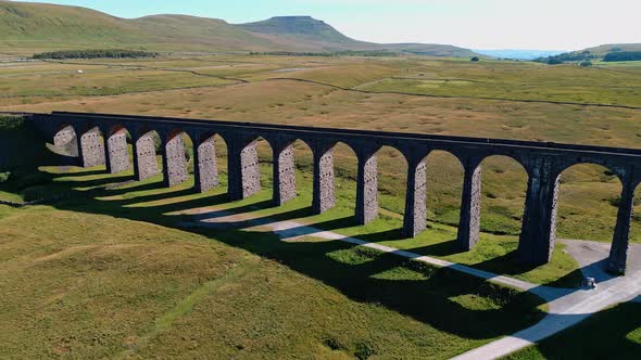 Aerial drone view of the Ribblehead Viaduct, the longest and the third tallest structure on the Sett