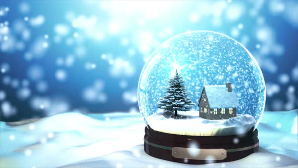 Loop able Christmas Snow globe Snowflake with Snowfall on Blue Background