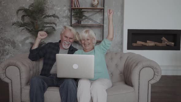 Overjoyed Mature Grey-haired Husband and Wife Looks on Laptop Indoor. Excited Senior Couple Rais