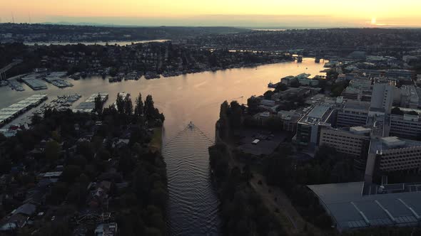 Beautiful Sunset Aerial View Of Scenic Seattle Boating Over Montlake Cut