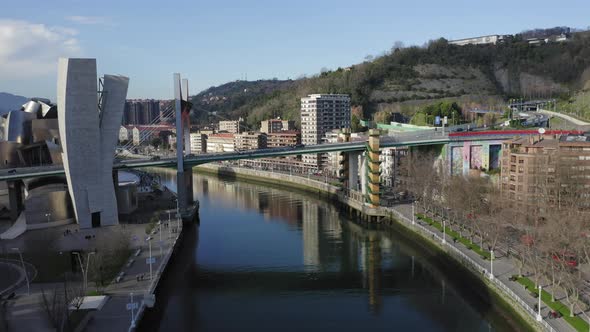 Drone view of Bilbao; beautiful cityscape of Basque country capital in sunny winter day