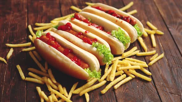 American Hot Dogs Assorted in Row. Served with French Fries