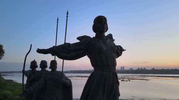 Symbol of Kyiv - a Monument To the Founders of the City in the Morning at Dawn. Ukraine. Aerial