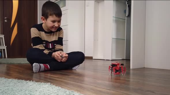 Boy playing with spider robot toy on the floor at home