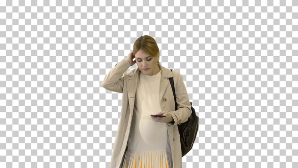 Pregnant girl with phone in hand walking, Alpha Channel