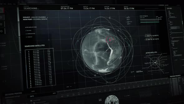 Satellite Monitoring System Scans Target Positions On A Global Earth Map alt