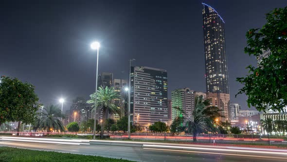 Skyscrapers in Abu Dhabi Skyline at Night Timelapse United Arab Emirates