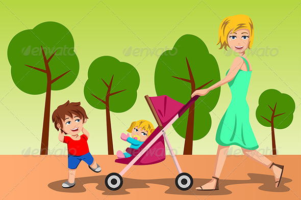 Mother Walking with her Kids