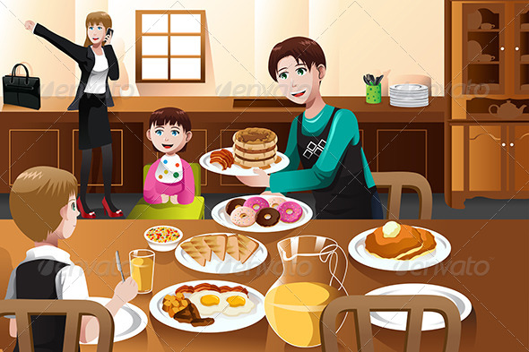 Stay at Home Father Eating Breakfast with his Kids
