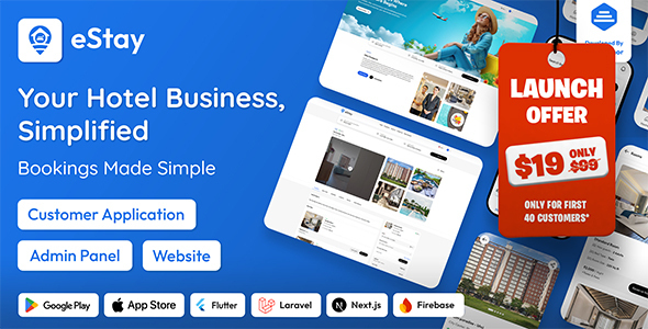 eStay - Hotel Booking & Management System with Flutter App, PWA Web & Laravel Admin
