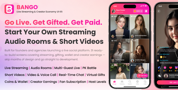 Bango | Live Streaming, Audio Room and Short Video App UI Kit for Flutter