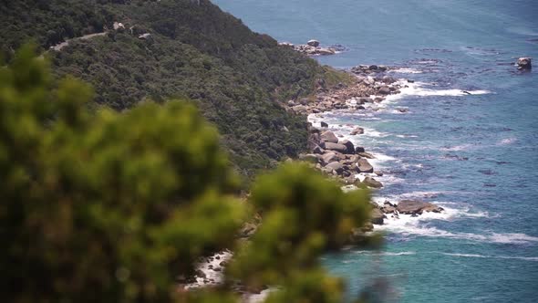 Rocky Coastline With Vegetation At Cape Point. Cape Town In South Africa. high angle, sideways shot