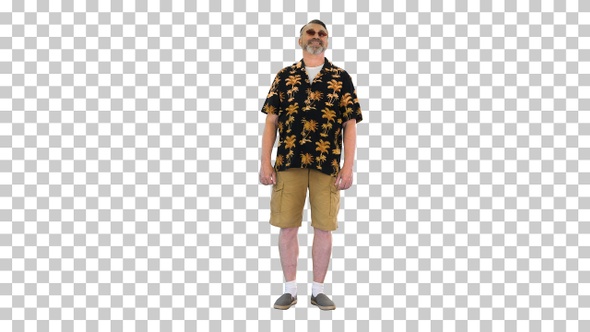 Senior man tourist in sunglasses standing, Alpha Channel