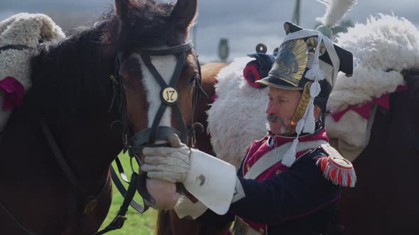 Portrait of a Adult Male Hussar in Medieval Costume the Battle of Napoleon a Soldier Standing Next