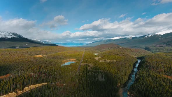 Aerial footage of road through a dense coniferous forest with a lake and a river in Alberta, Canada