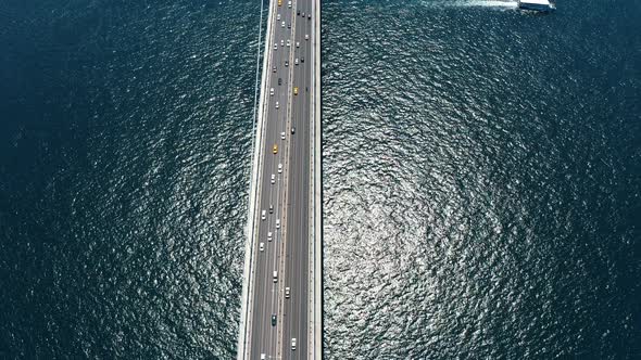 Aerial View of Istanbul Bosphorus Bridge Top Down of Highway Road Cars Driving