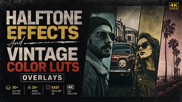 Halftone Effects And Vintage Color luts Overlays MOGRT