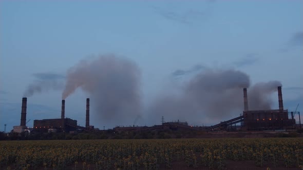 Timelapse Factory Smoke Stacks Billow, Thick Smoke.