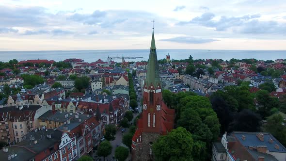 Aerial view of the tower of Saint George Church in Sopot, Poland