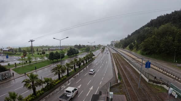 Tram, Cable Car and Car Traffic in Cloudy Weather Time Lapse