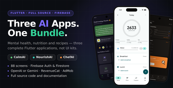 AI Health App Bundle — CalmAI + NourishAI + ChefAI | 3 Flutter Full Apps
