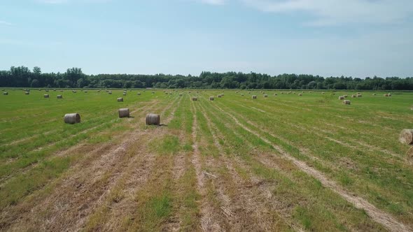 Aerial View of Hay Bales on the Green Field