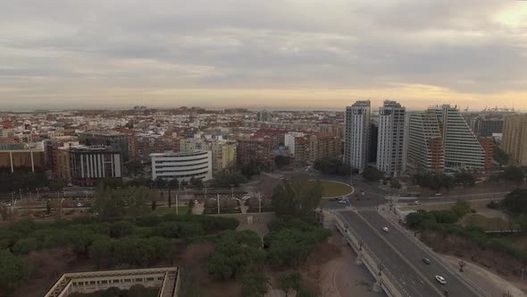 Aerial Shot of Valencia with Angel Custodi Bridge, Turia Gardens and Buildings