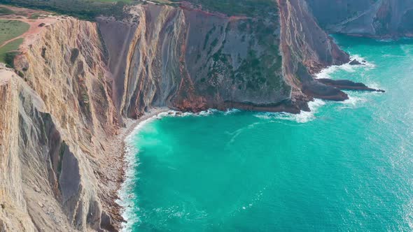 Aerial View Seascape with Waves on Rocky Coast