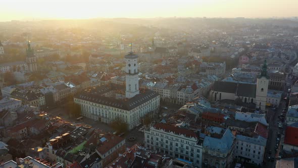 Aerial Drone Video of Lviv Old City Center - Roofs and Streets, City Hall Ratusha