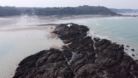 Rocks on Martin Beach, Saint Brieuc, Brittany, France, Aerial Flyover