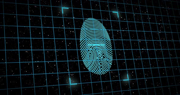 Fingerprint scanner and security padlock over grid against space