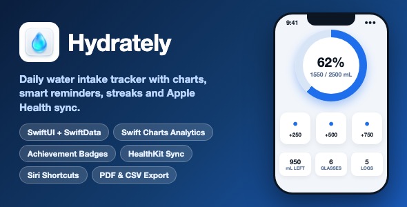 Hydrately | Water Intake Tracker With Charts, Reminders, Achievements and HealthKit - SwiftUI