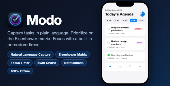 Modo | Task Organizer With Natural Language Capture, Eisenhower Matrix and Focus Timer - SwiftUI
