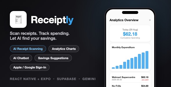 Receiptly | AI Expense Tracker With Receipt Scanning, Analytics Charts and Chatbot - React Native