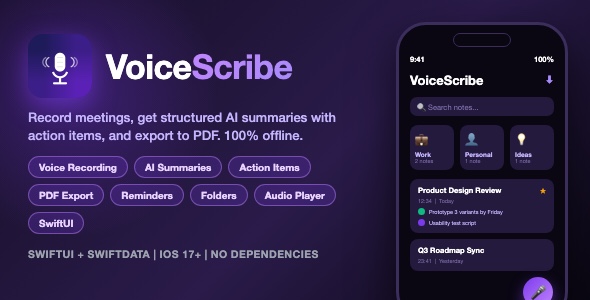 VoiceScribe | Voice Notes and Recording App With AI Summaries, PDF Export and Folders - SwiftUI