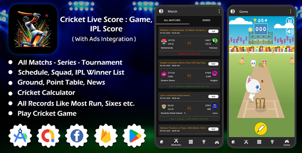 Live Cricket Score : Game | IPL Score | Cricket Calculator | Squad | All Record Android App With AD