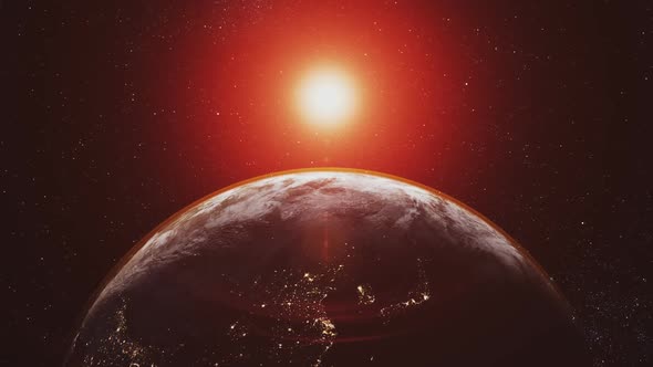 Planet Earth Orbit Zoom in Red Sunlight Radiance