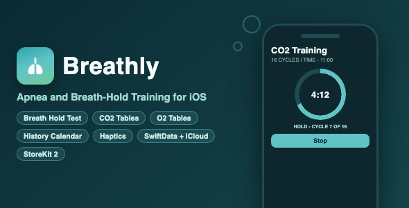 Breathly | Apnea and Breath-Hold Training App With CO2 and O2 Tables, History Calendar - SwiftUI