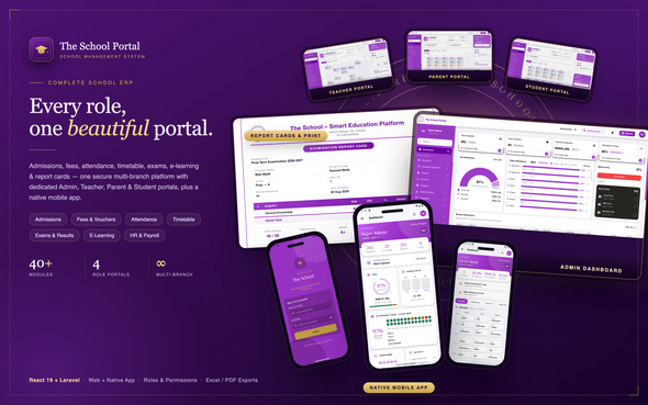 School Management System - Laravel API, React Portal & Mobile App