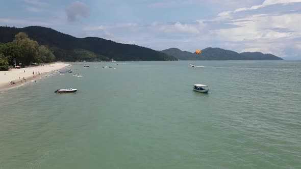 Aerial view of water sports activities, sea and beach in Batu Feringghi Penang